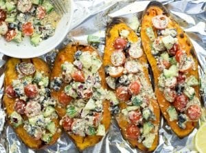 Baked Sweet Potatoes with a Five Star Feta Salad #sweetpotatoes #baked #feta | hurrythefoodup.com