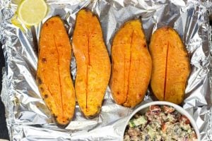 Baked Sweet Potatoes with a Five Star Feta Salad #sweetpotatoes #baked #feta | hurrythefoodup.com