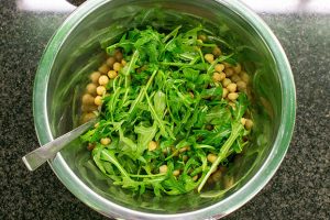 Heavenly Halloumi Salad – Curb Your Hunger - chickpeas and a rocket are in the large bowl #vegetarian #olive oil | hurrythefoodup.com