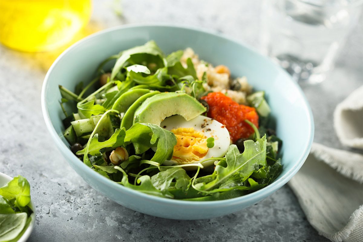 Healthy quinoa bowl on a marble surface | Hurry The Food Up