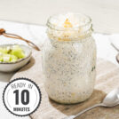 The jar with high-protein overnight oats with a time badge in the bottom left corner | Hurry The Food Up