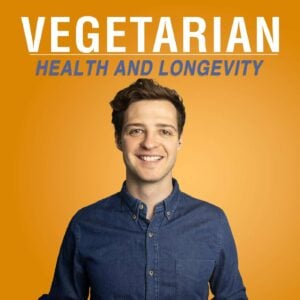 A photo of James on an orange background with the words Vegetarian Health and Longevity