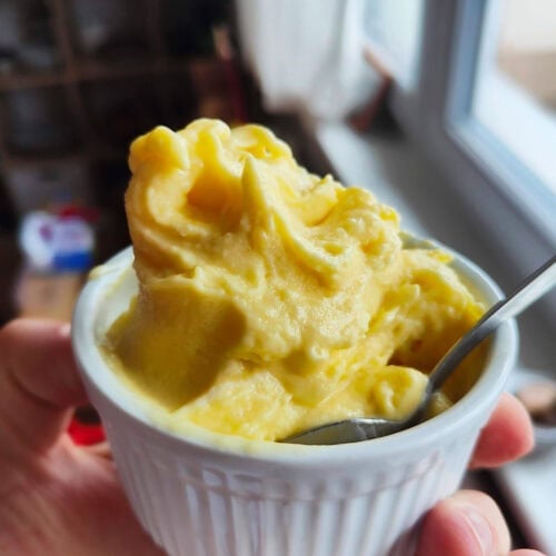 A ramekin of ice cream in a hand