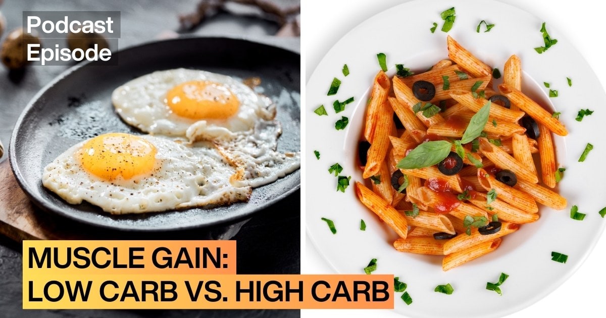 One half of the image shows eggs in a frying pan, and the other half shows pasta on a plate.