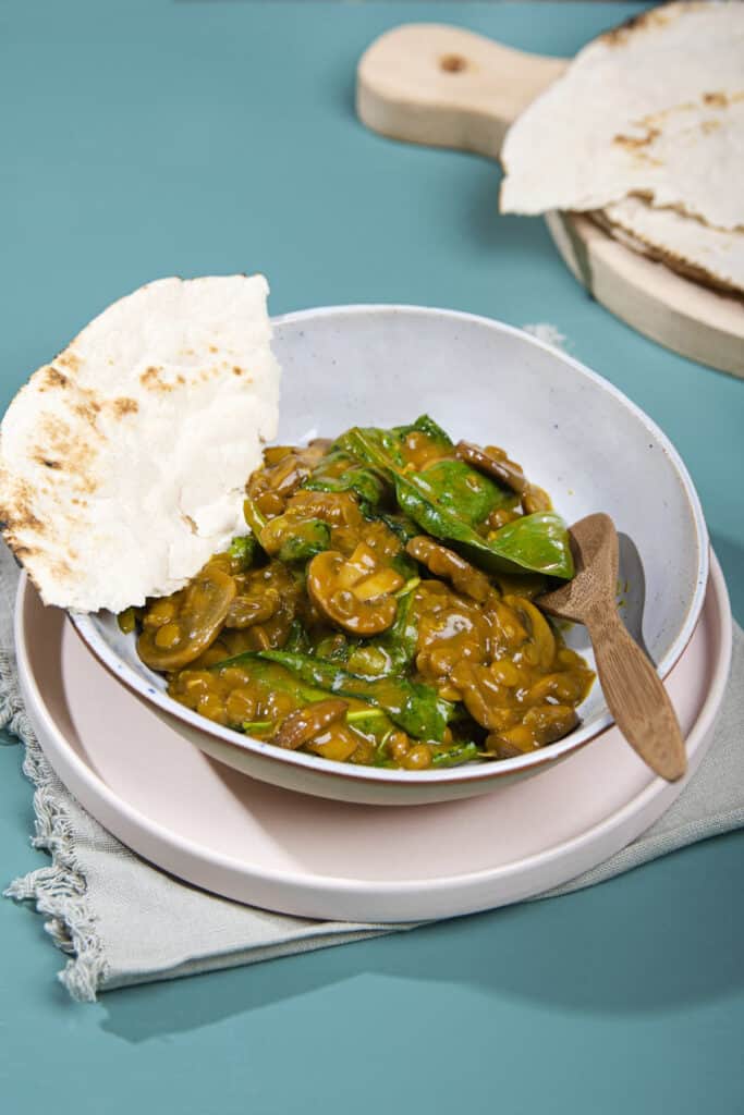 A bowl of stew with a wooden spoon and a piece of torn flatbread on the side | Hurry The Food Up