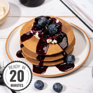 A plate of healthy oatmeal pancakes topped with blueberry syrup with a time stamp | Hurry The Food Up