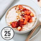 A bowl of Protein Powder Oatmeal is on the white plate with a spoon and a time badge in the bottom left corner | Hurry The Food Up