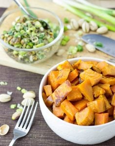 Roasted Sweet Potato Cubes with a Piquant Pistachio Dressing #sweetpotato #vegan #vegetarian | hurrythefoodup.com