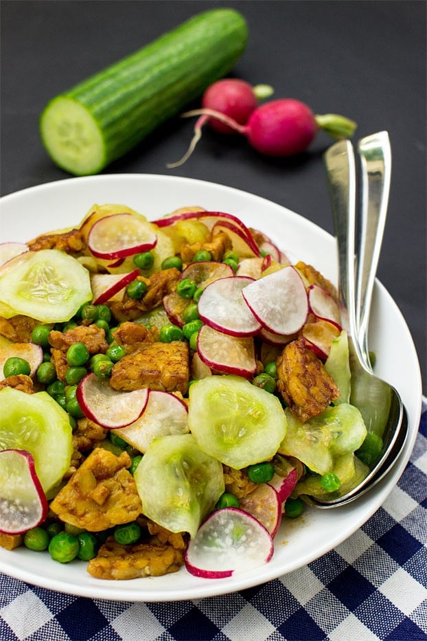 High-protein Tangy Tempeh Salad- Quick & Vegan - temph salad ready to serve #easy #soy | hurrythefoodup.com