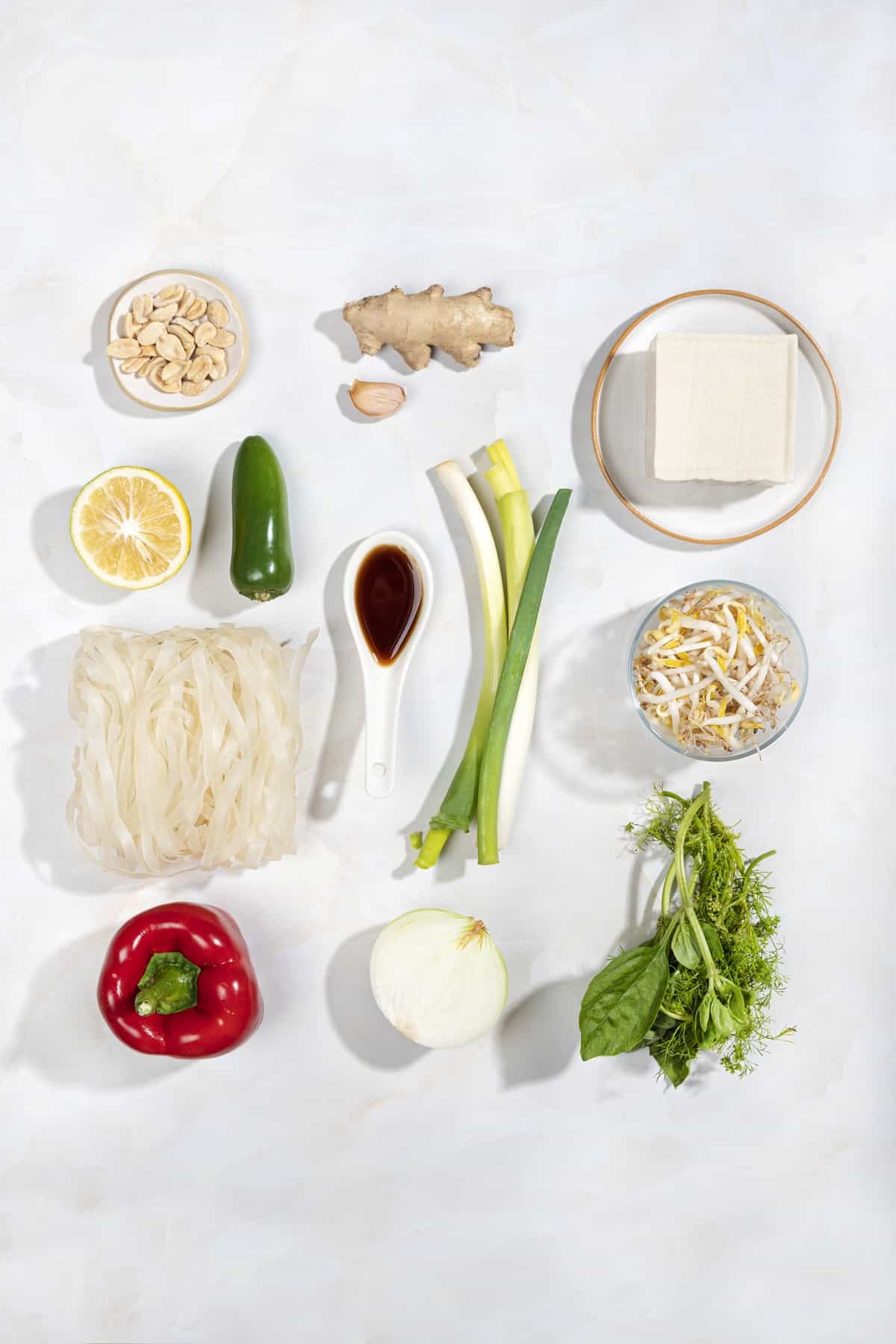 Ingredients for pho including spring onions, noodles, tofu, chilis, peanuts, pepper, onion and basil | Hurry The Food Up