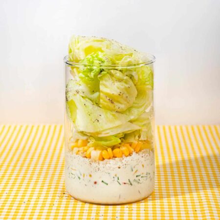 Vegetarian wedge salad in a jar recipe card image | Hurry The Food Up