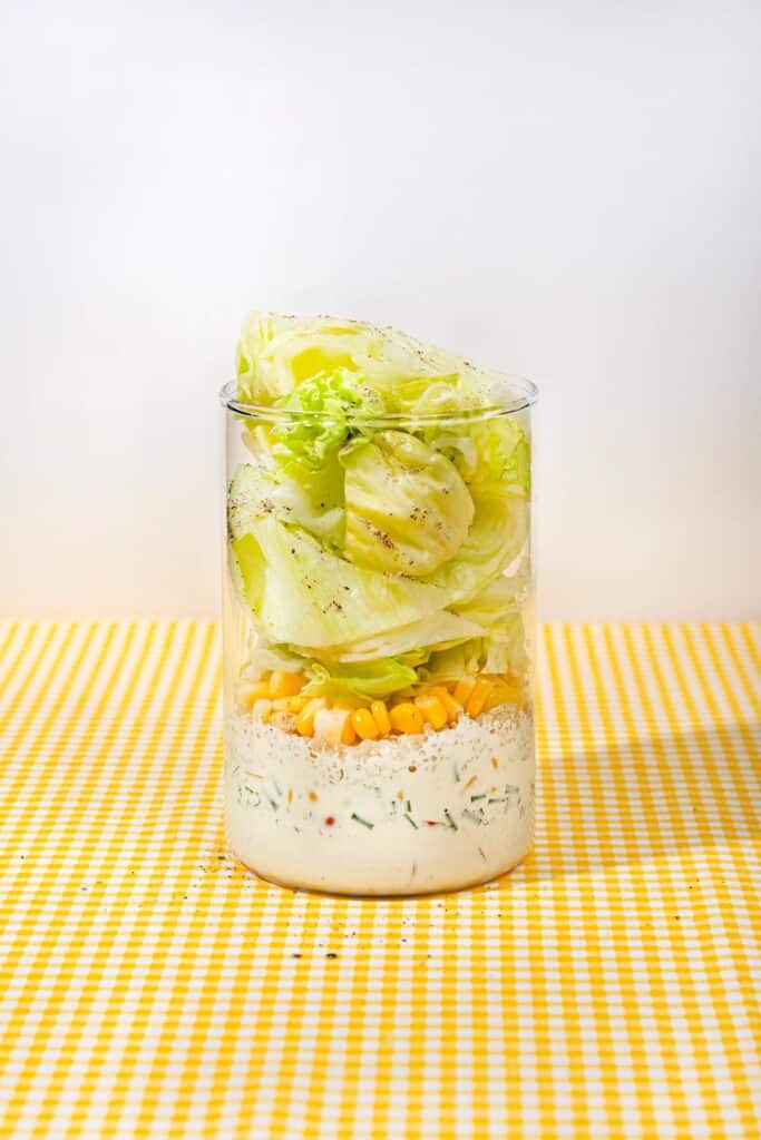 Vegetarian wedge salad in a jar recipe card image | Hurry The Food Up