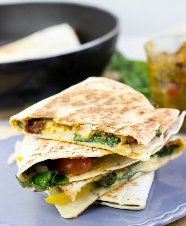 Easy Veggie Quesadillas with a Melted Mozzarella and Cheddar Combo #veggie #quesadilla | hurrythefoodup.com