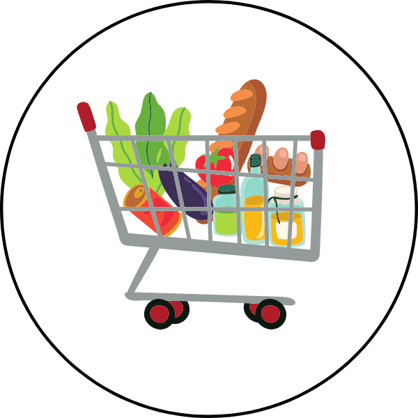 Illustration of a shopping cart with foods