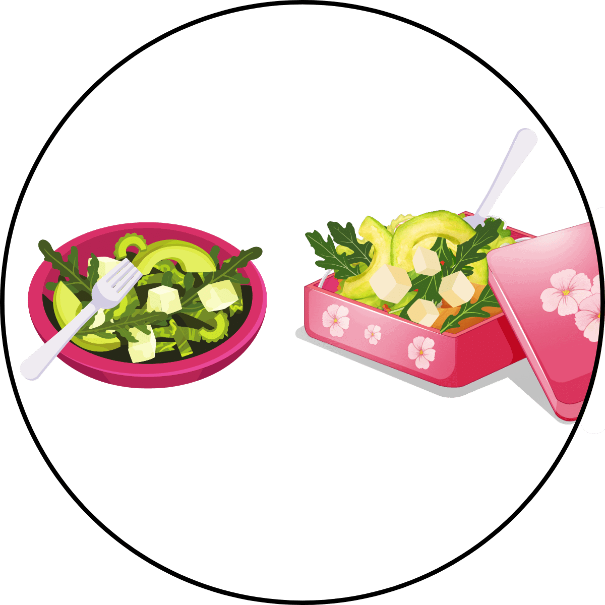 Illustration of a plate and lunch box with salad